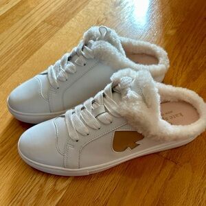 Kate Spade New York Fez mule sneaker in white leather with faux fur lining.